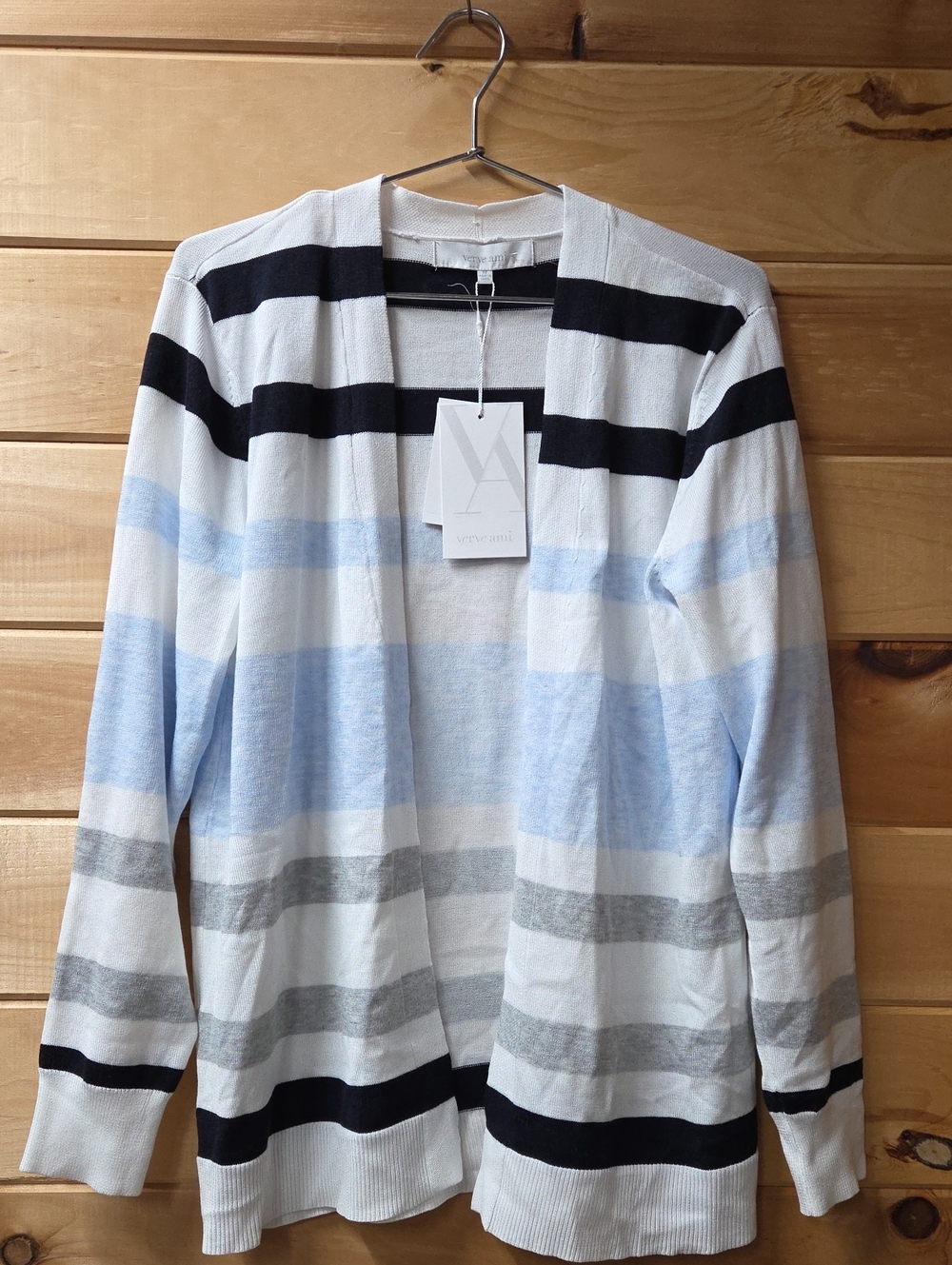 Verve Ami Light Blue, White & Black Striped Open Cardigan